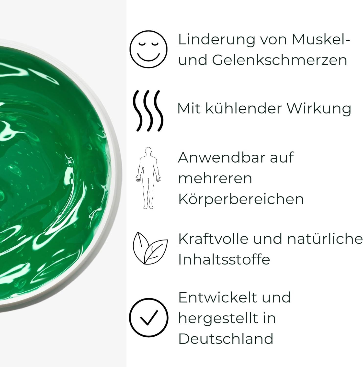 Grünes Gel. Piktogramme: Schmerz, kühlende Wirkung, Körperbereiche, Inhaltsstoffe, hergestellt in Deutschland.