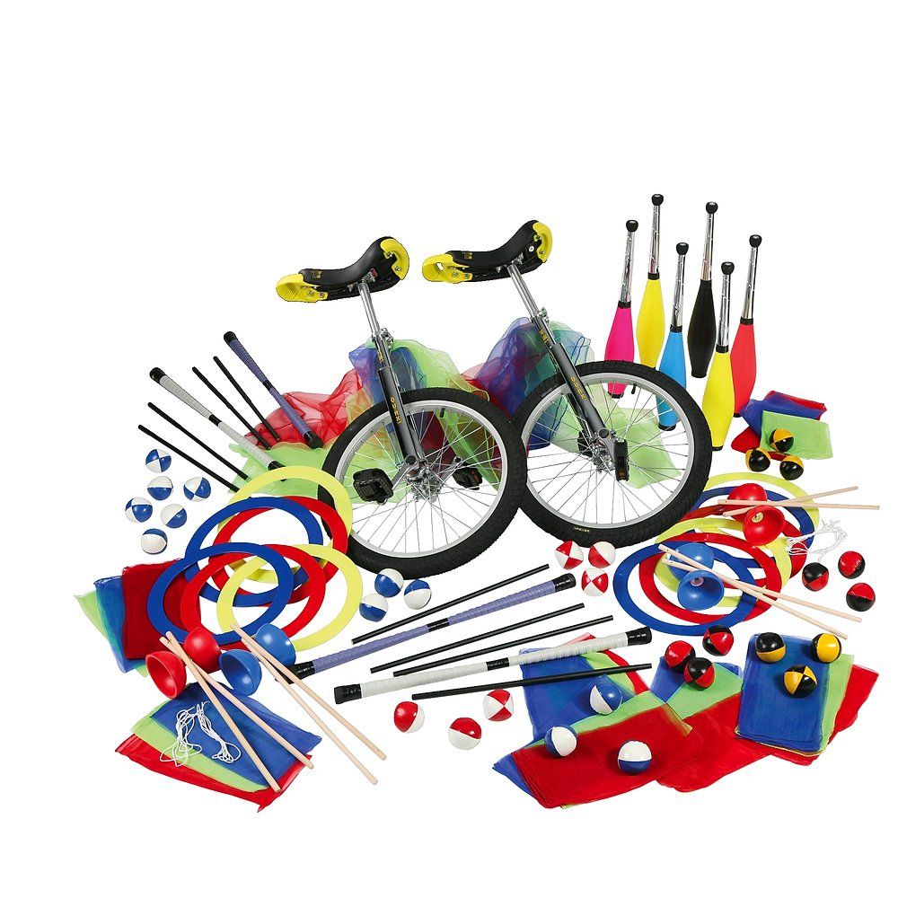 Zirkus-Set mit zwei Einrädern, Jonglierbällen, Ringen, Tüchern und Keulen. Verschiedene Farben.