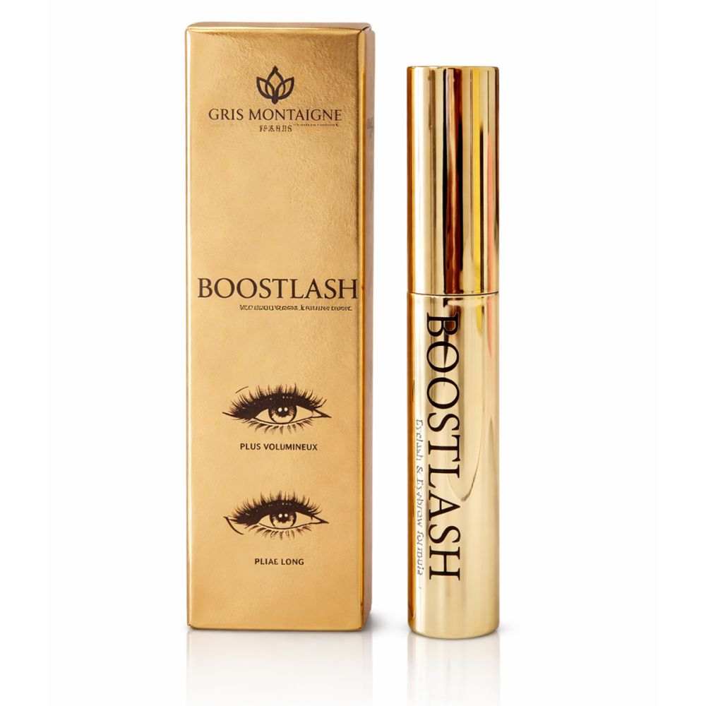 Goldfarbene Verpackung und Tube. Auf der Verpackung: BOOSTLASH, Augen-Illustrationen.