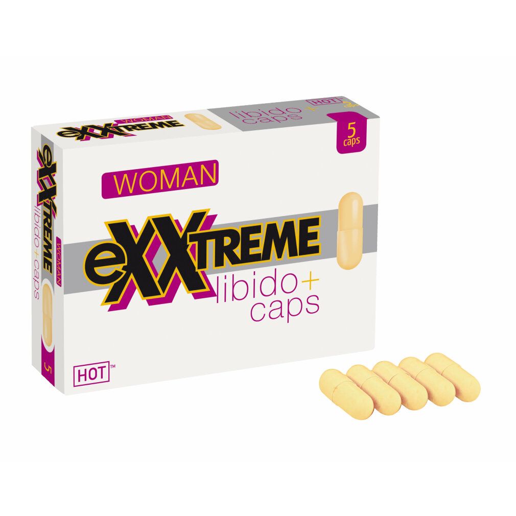 Weiße Schachtel mit eXXtreme, WOMAN, Libido+ caps und HOT. 5 Kapseln liegen daneben.