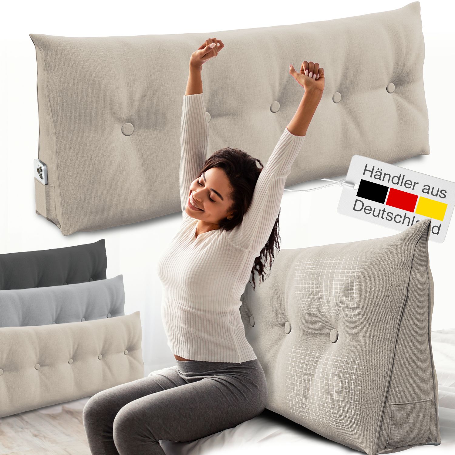 Mehrere Kissen in verschiedenen Farben. Eine Frau sitzt und dehnt sich. Ein Etikett mit deutscher Flagge.