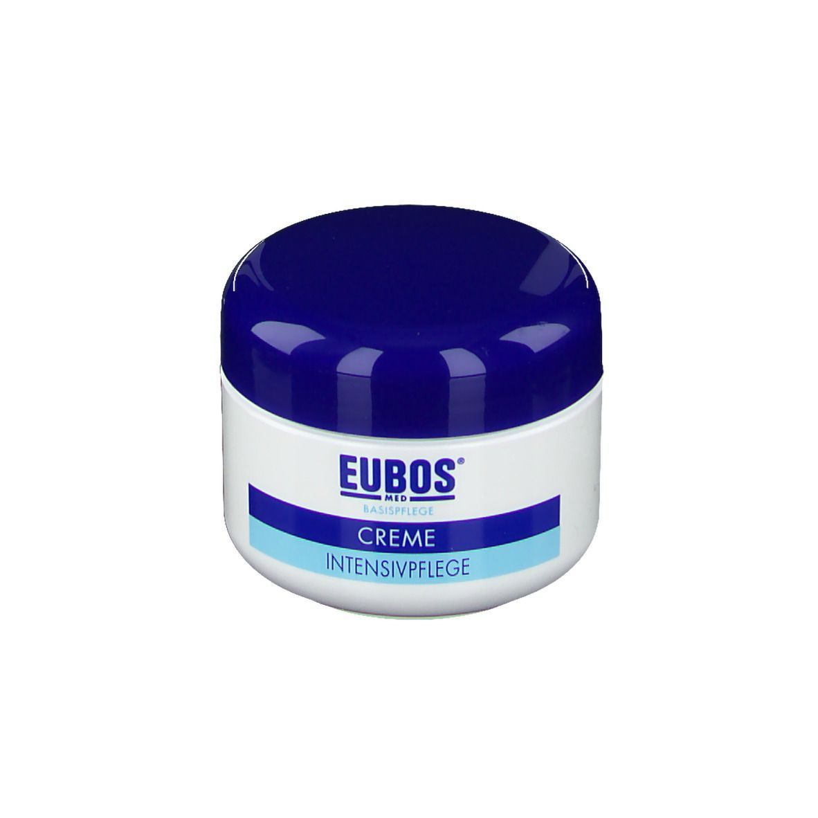 Creme-Dose mit blauem Deckel. Aufschrift: EUBOS CREME INTENSIVPFLEGE. Logo und Produktbezeichnung auf dem Behälter.