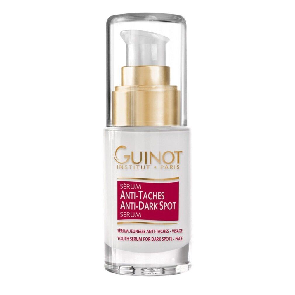 Guinot Anti-Dark Spot Serum. Glasflasche mit Pumpe und goldener Kappe. Roter Aufkleber mit Produktbezeichnung.
