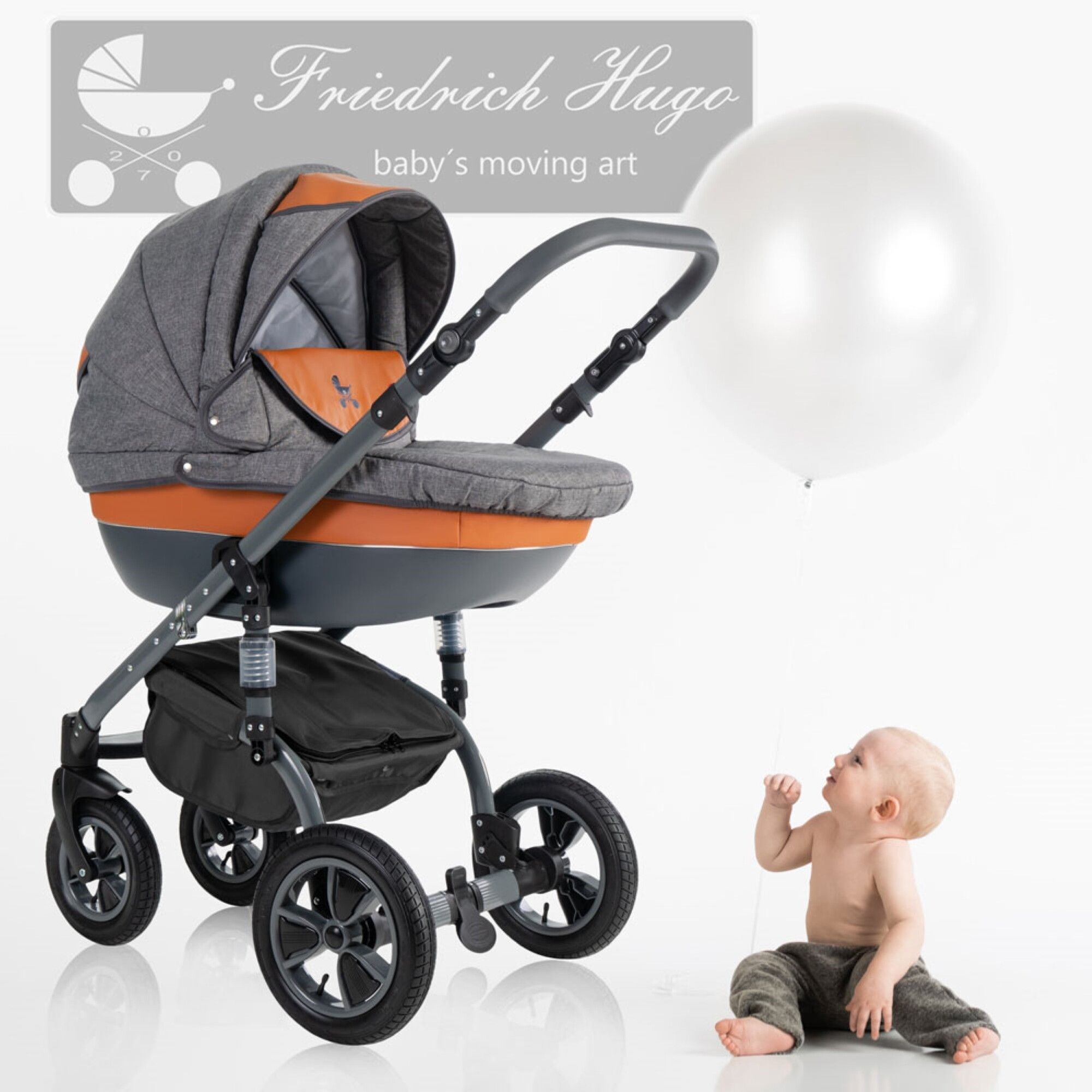 Friedrich Hugo Greyline 3 in 1 Kinderwagen Set Luftreifen, Orange