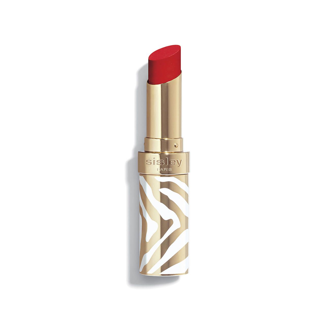 Lippenstift mit roter Spitze. Goldfarbener Behälter mit Zebra-Muster. Sisley Paris Schriftzug.
