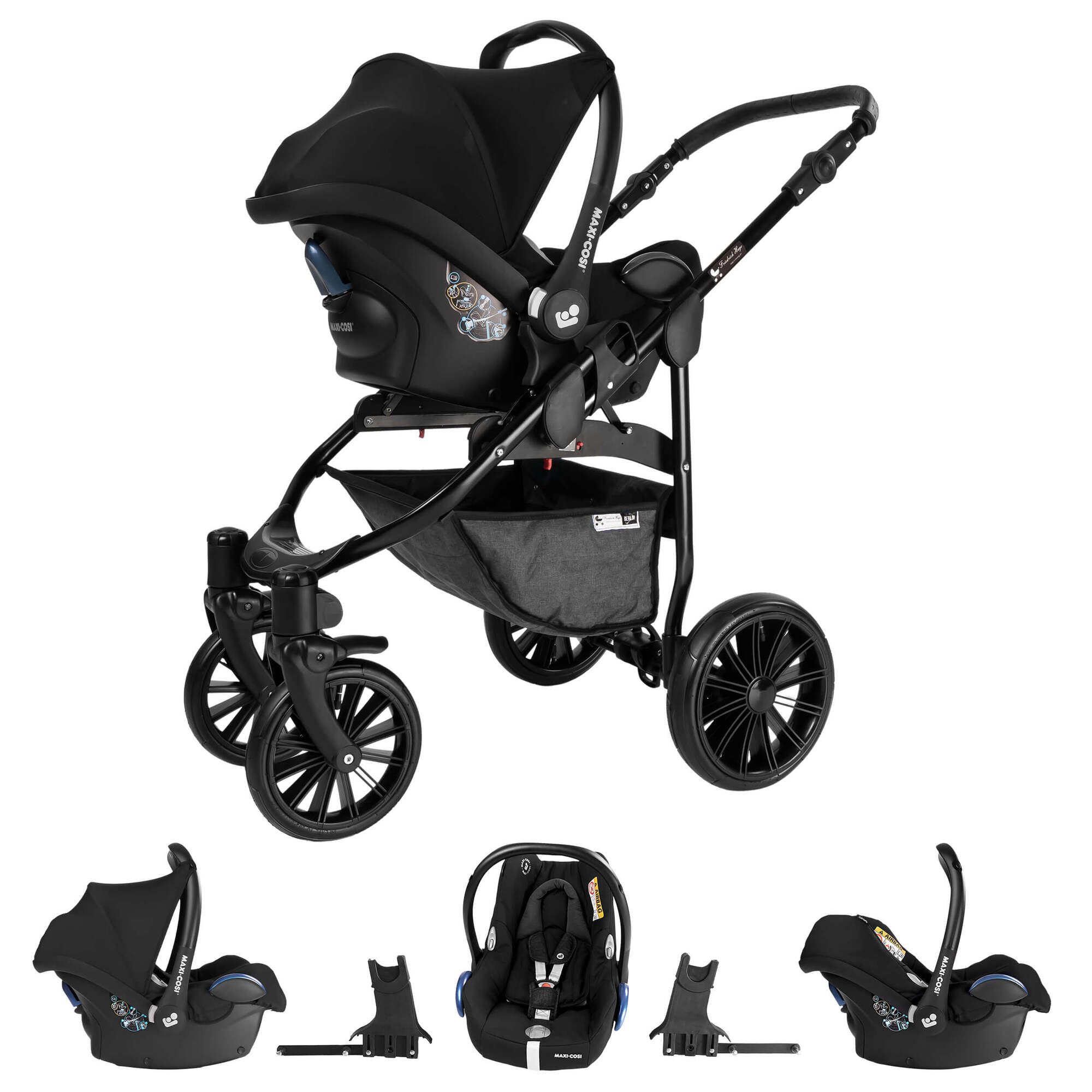 Friedrich Hugo Berlin 3 in 1 Kinderwagen mit Original Maxi Cosi, Luft Grey and Light Rose Night