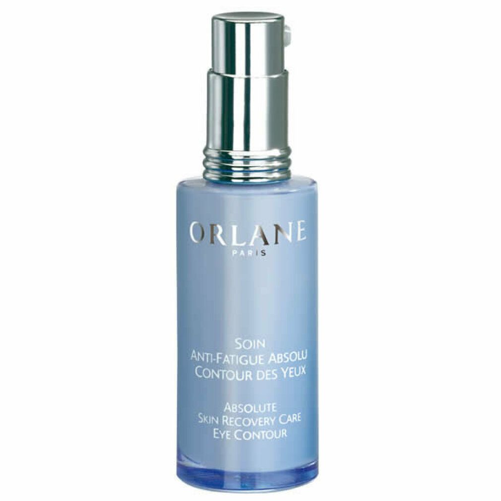 Blaues Fläschchen mit silbernem Zerstäuber. Aufschrift: ORLANE PARIS, Anti-Fatigue Absolu Contour des Yeux.