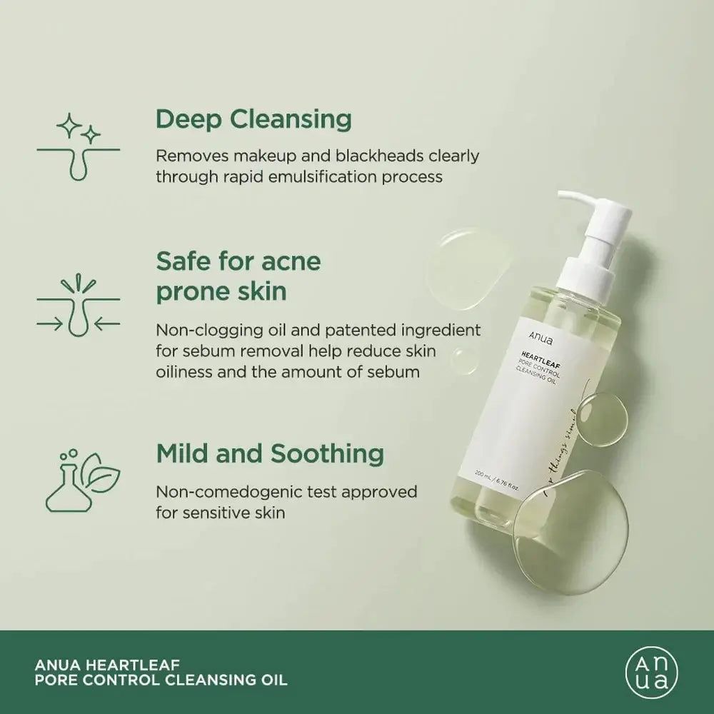 Produkt und Infografik. Text: Deep Cleansing, Safe for acne prone skin, Mild and Soothing. Flasche: Anua Heartleaf Pore Control Cleansing Oil.