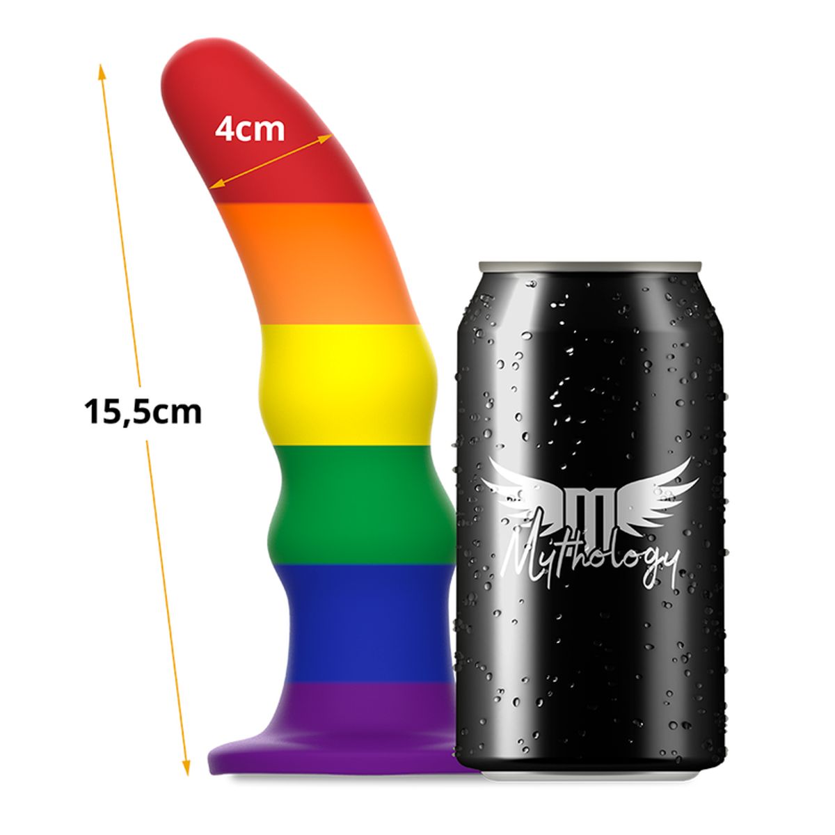 Regenbogenfarbener Dildo neben einer Dose. Maße: 15,5 cm lang, 4 cm Durchmesser.