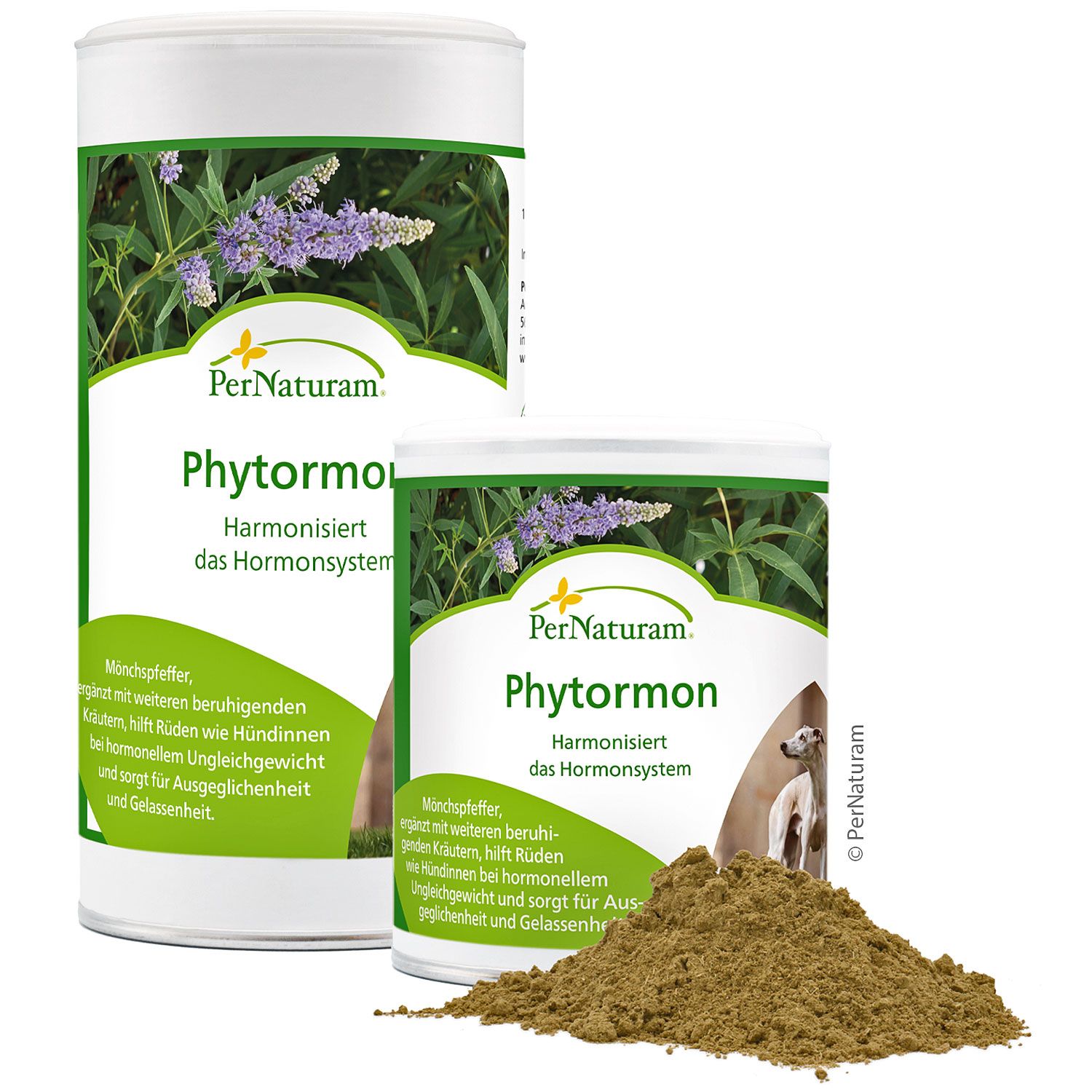 Zwei Dosen PerNaturam Phytormon, eine mit Produkt, eine mit Text. Braunes Pulver daneben. Text: Harmonisiert das Hormonsystem.