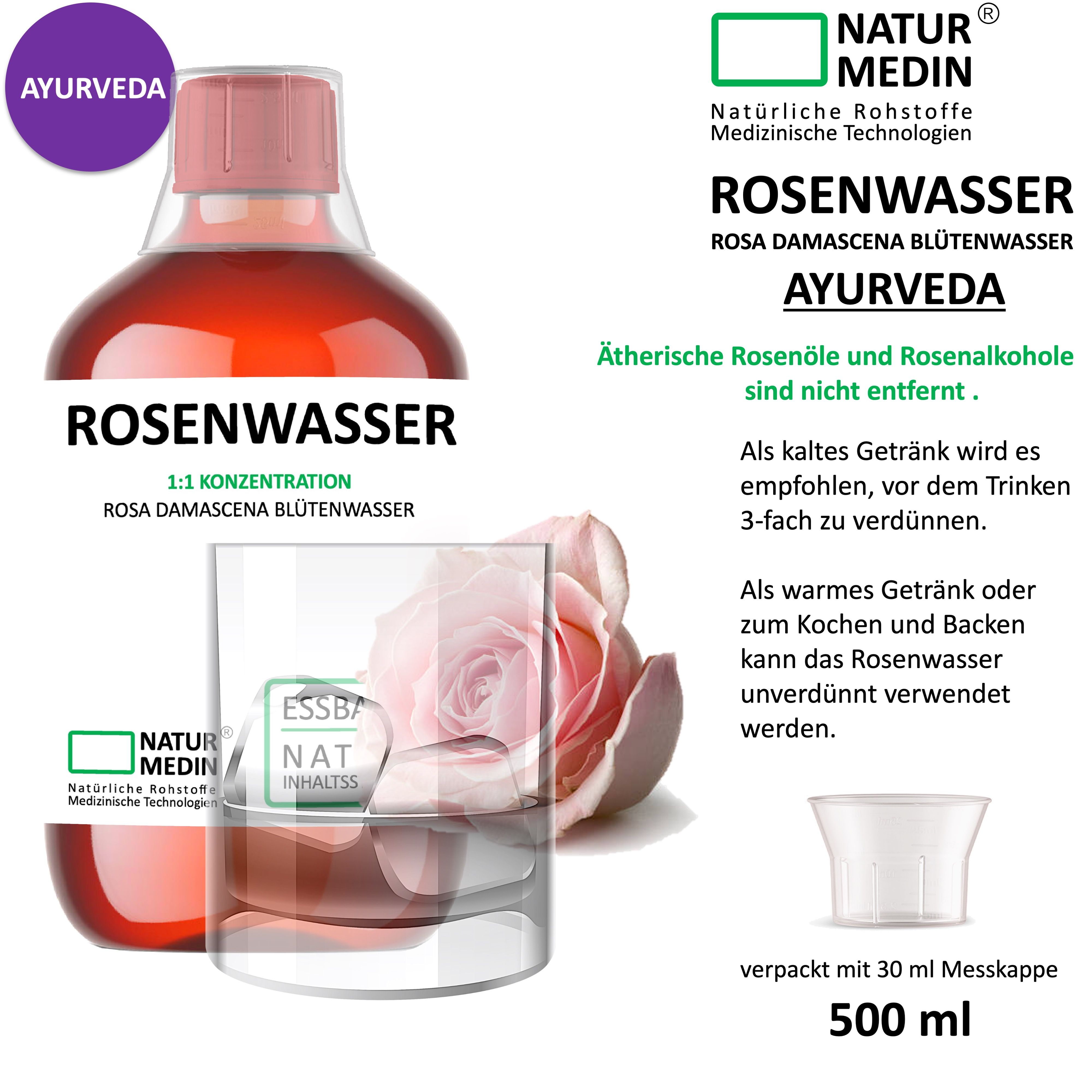 Flasche ROSENWASSER mit Glas und Messbecher. Beschriftung: ROSENWASSER, 1:1 Konzentration, NATURMEDIN, VEGAN, 500 ml.