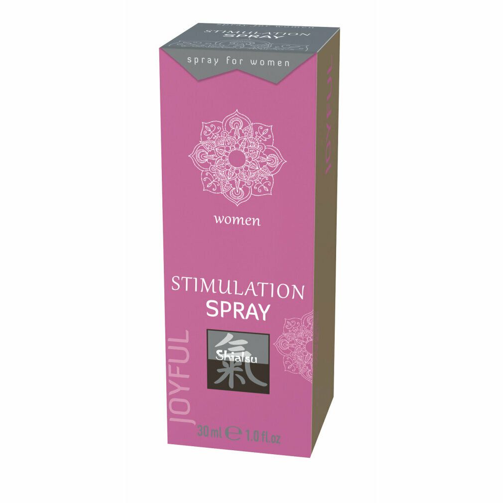 Rosa Verpackung mit "Stimulation Spray" Schriftzug. Logo und Text "JOYFUL". Unten steht "30 ml".