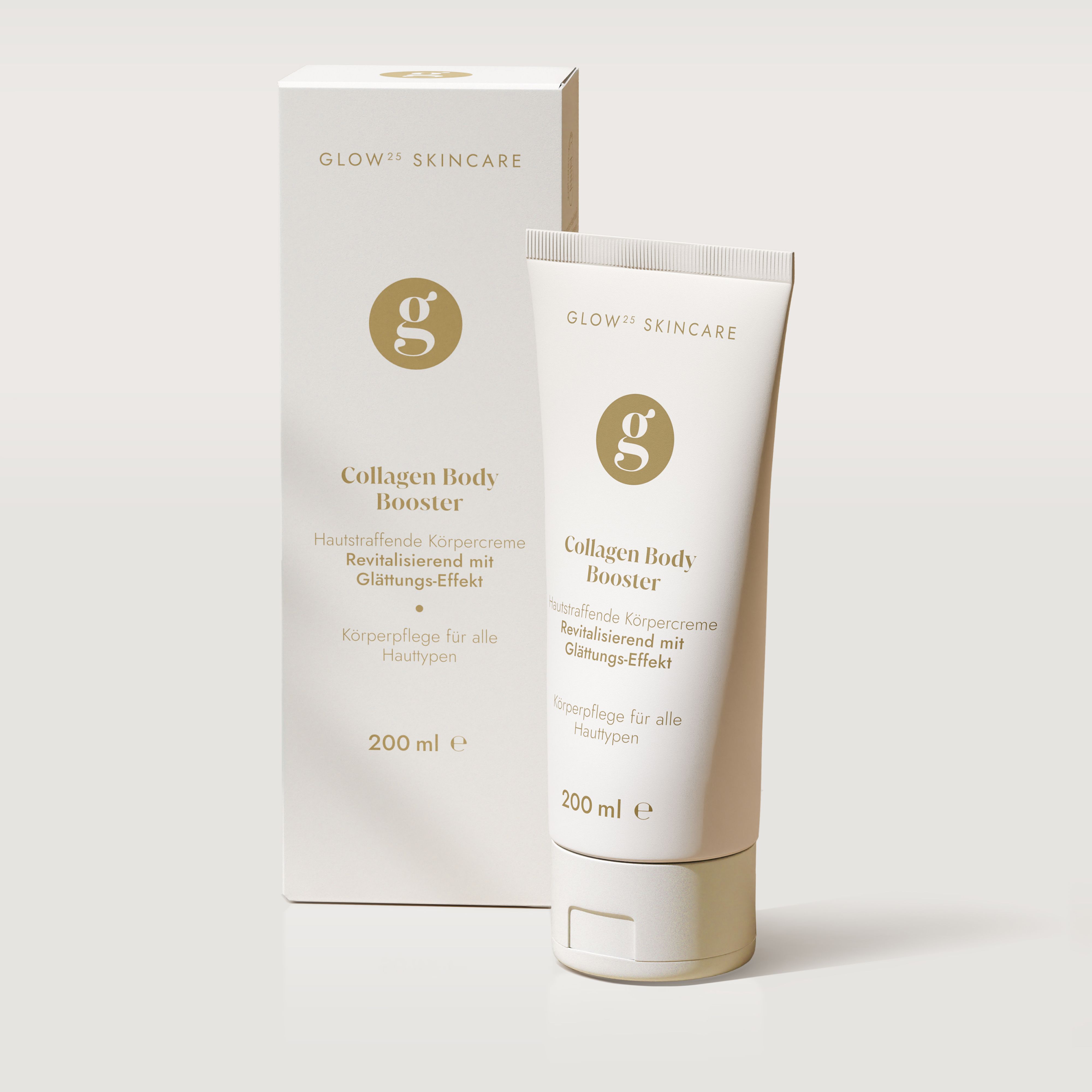 Creme-Tube und Schachtel. Aufschrift: Glow25 Skincare, Collagen Body Booster. 200 ml.