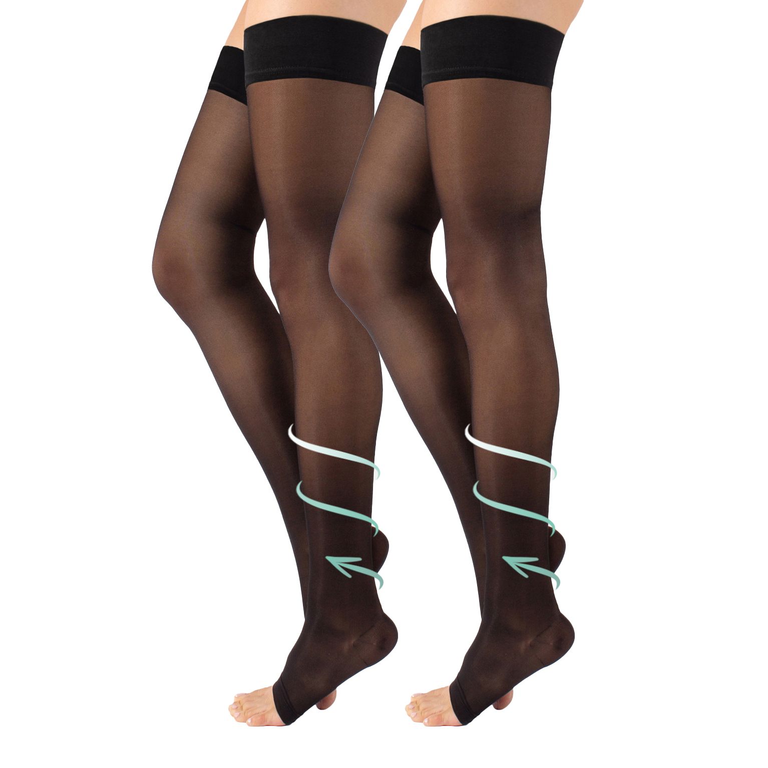 Zwei schwarze Kompressionsstrümpfe mit offener Spitze. Graduierte Kompression.