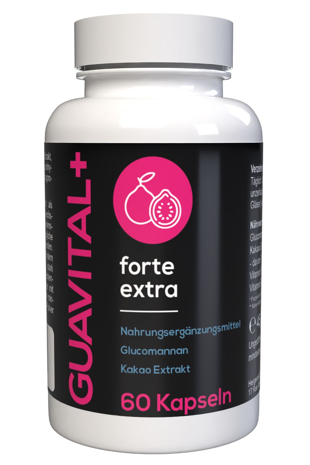 Weiße Kapsel-Dose mit schwarzem Etikett. Rosa Logo mit Guave-Illustration. Schriftzug GUAVITAL+ Forte extra. 60 Kapseln.