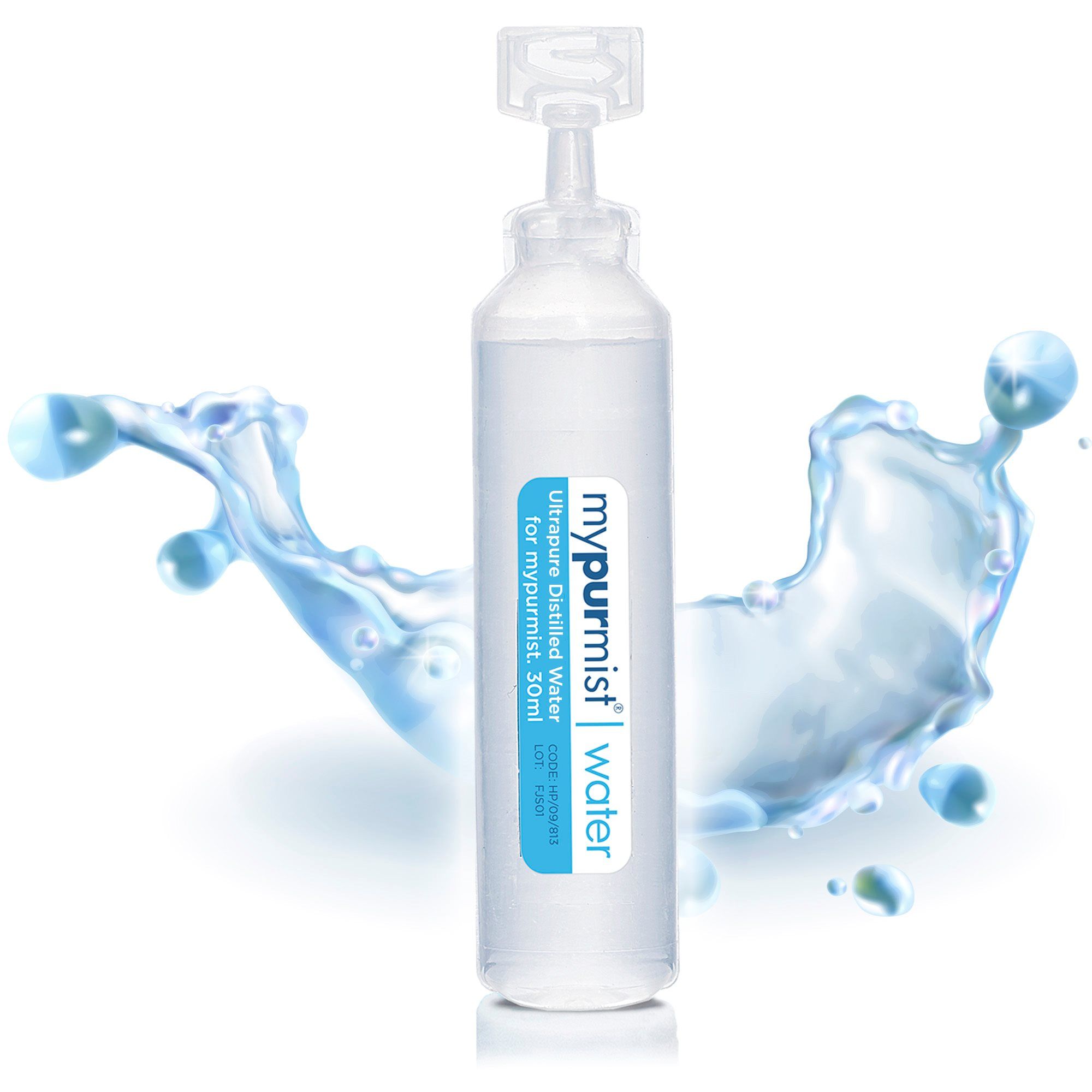Flasche "mypurmist water" mit destilliertem Wasser. Blaue Etikett mit Text. Wasser-Spritzer-Grafik.