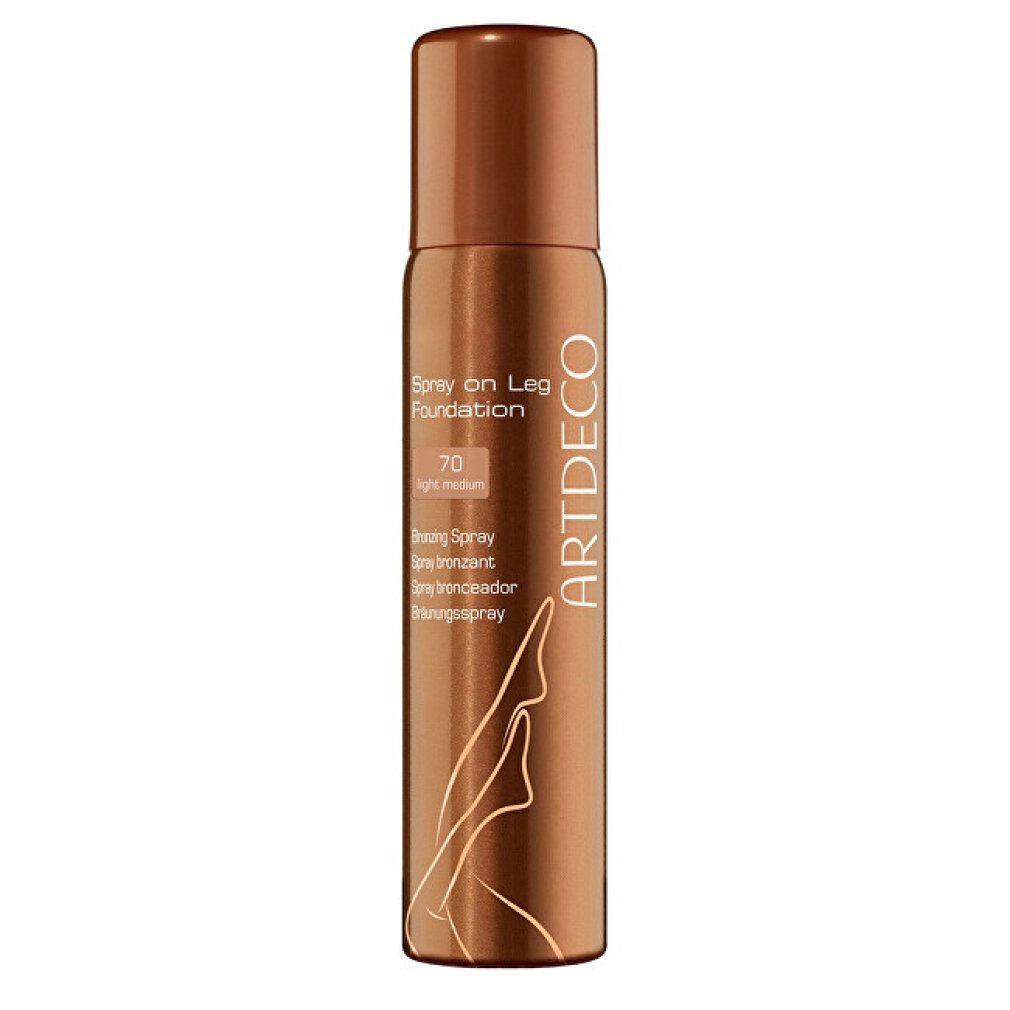 Spray on Leg Foundation von Artdeco. Braune Sprühflasche mit Produktinformationen und Bein-Illustration. Farbton 70.