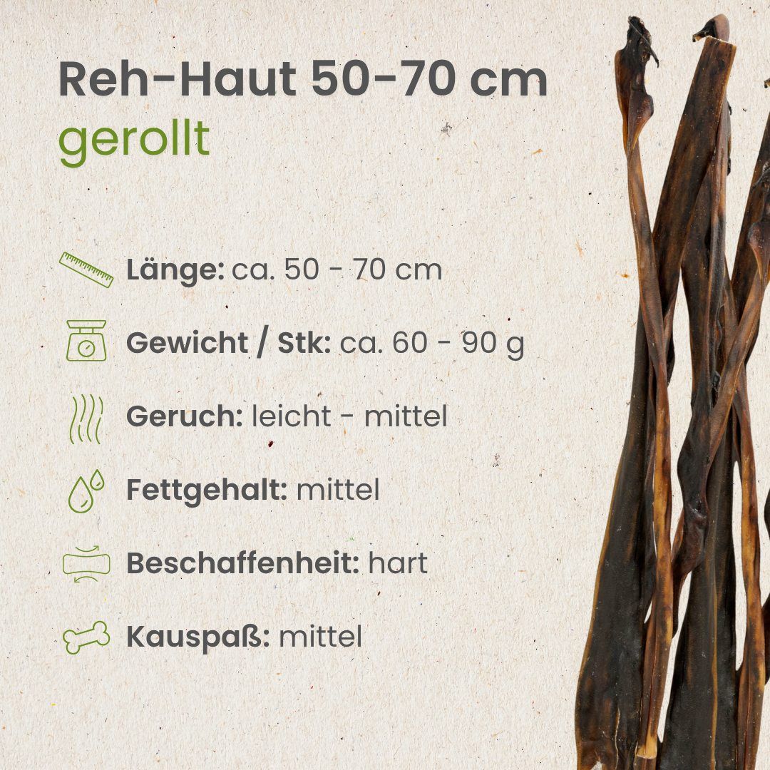 Gefaltete Reh-Haut, Länge 50-70 cm, Gewicht 60-90g.