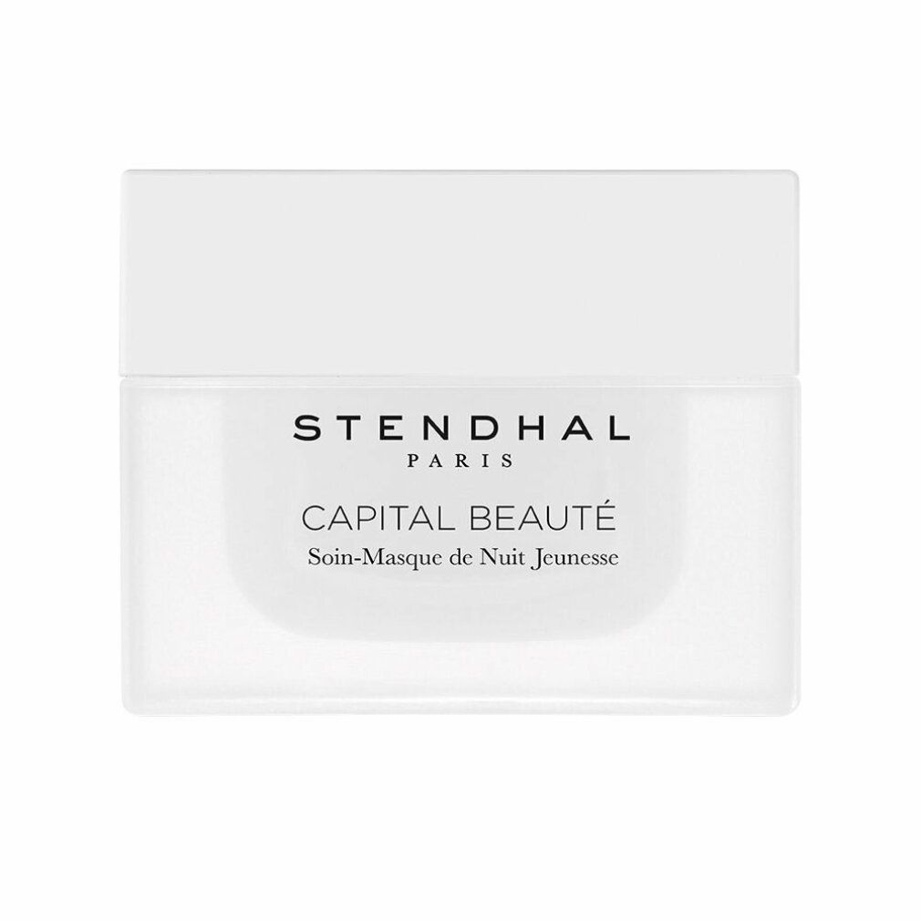 Weißer Tiegel mit Deckel. Aufschrift: STENDHAL PARIS, CAPITAL BEAUTÉ, Soin-Masque de Nuit Jeunesse.