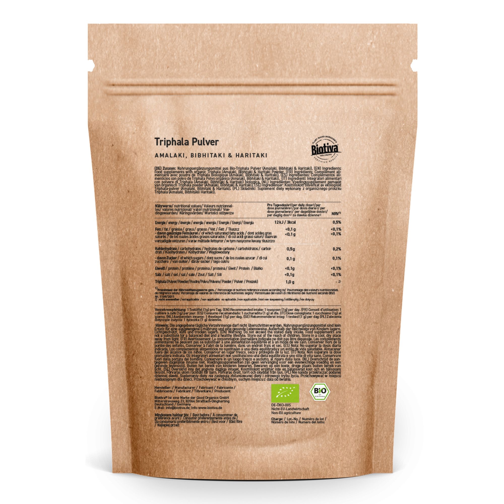 Rückseite des Triphala Pulver Beutels. Enthält Informationen zu Inhaltsstoffen und Nährwerten. Bio-Siegel.