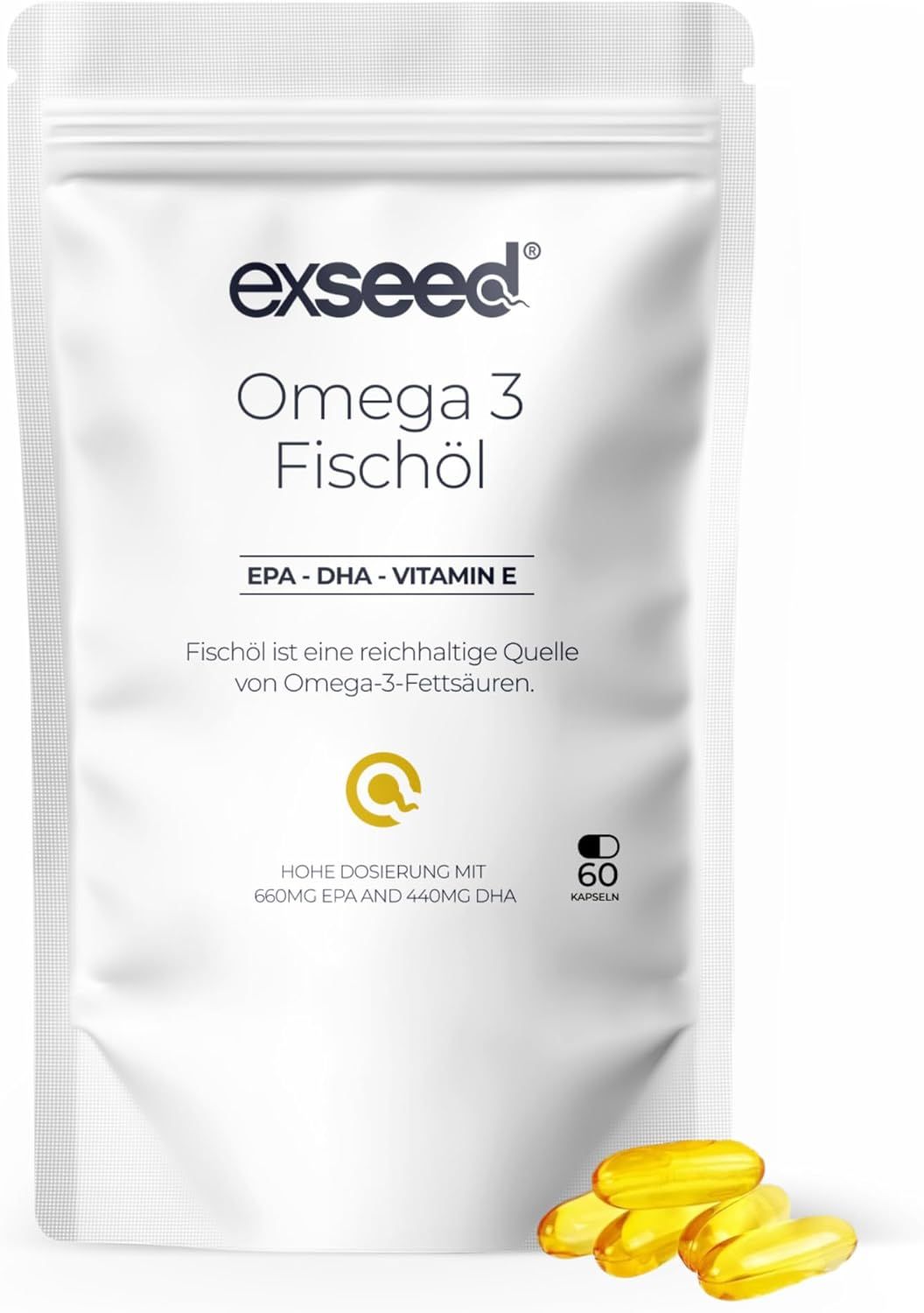 Beutel mit ExSeed Omega 3 Fischöl Kapseln. Text: EPA, DHA, Vitamin E. 60 Kapseln. Gelbe Kapseln liegen daneben.