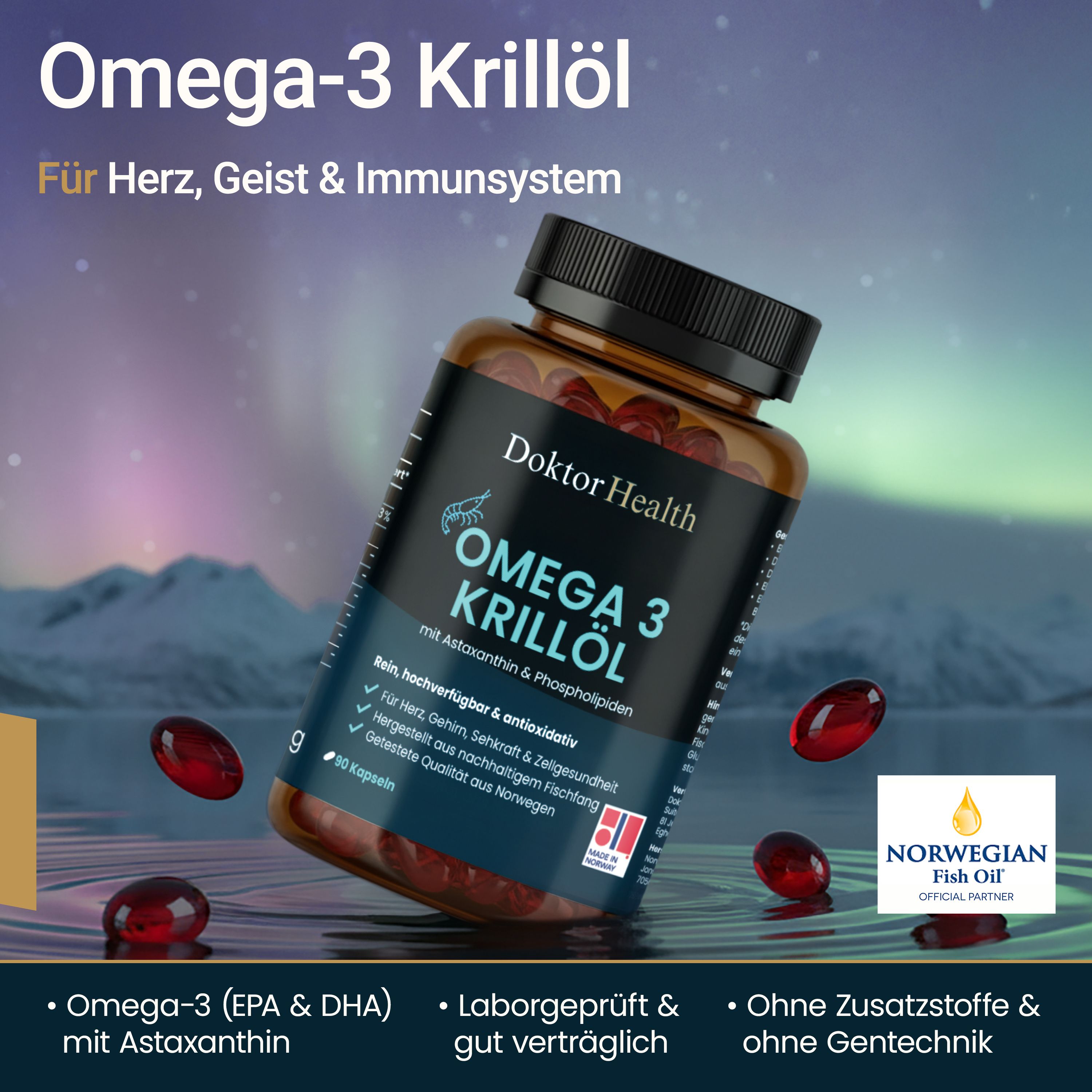 Braune Kapseln in einer braunen Flasche. Aufschrift: Doktor Health Omega 3 Krillöl. Mit Astaxanthin & Phospholipiden. Norwegisches Fischöl.