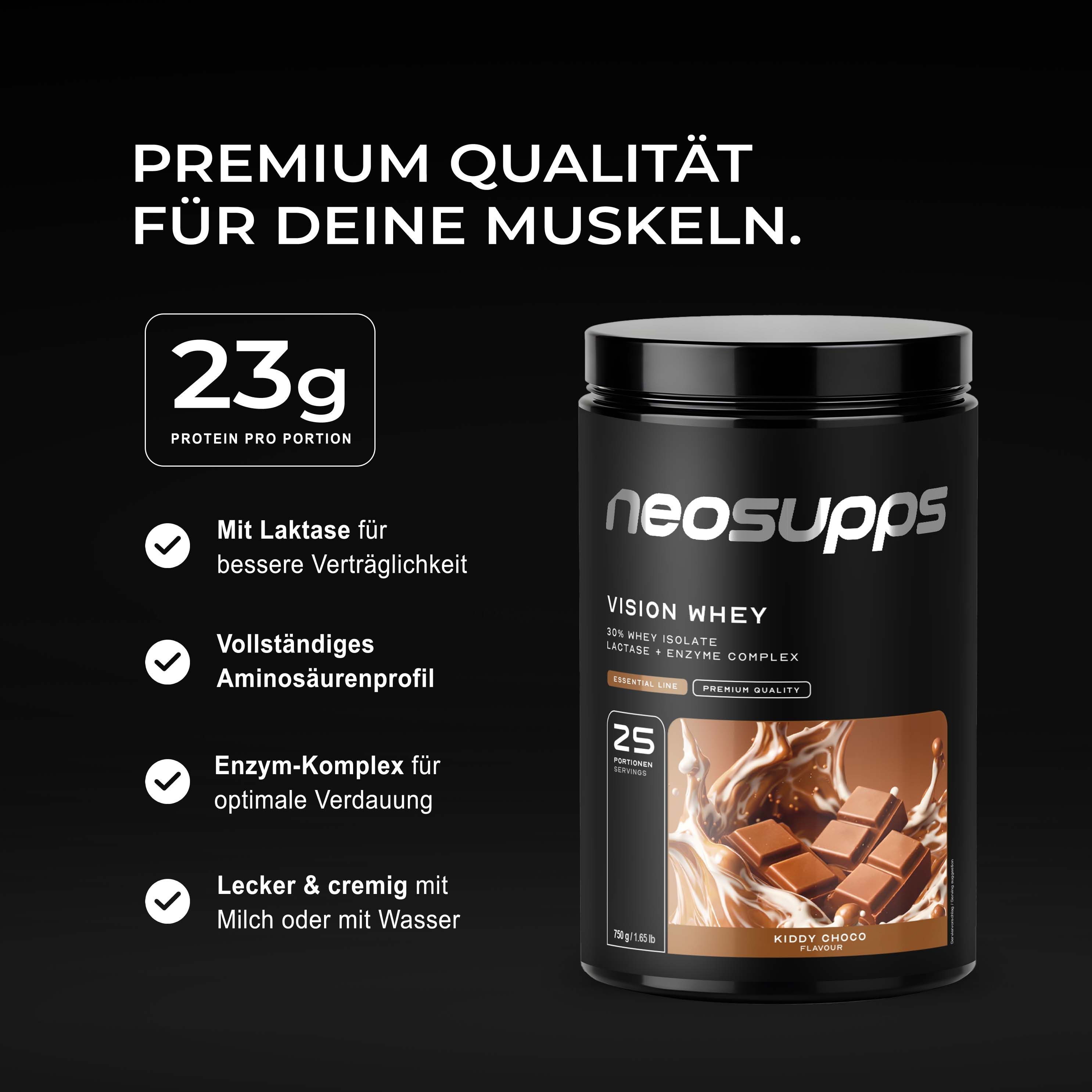 Neosupps Vision Whey Protein Kiddy Choco: 23g Protein, Laktase für Verträglichkeit, Enzym-Komplex.