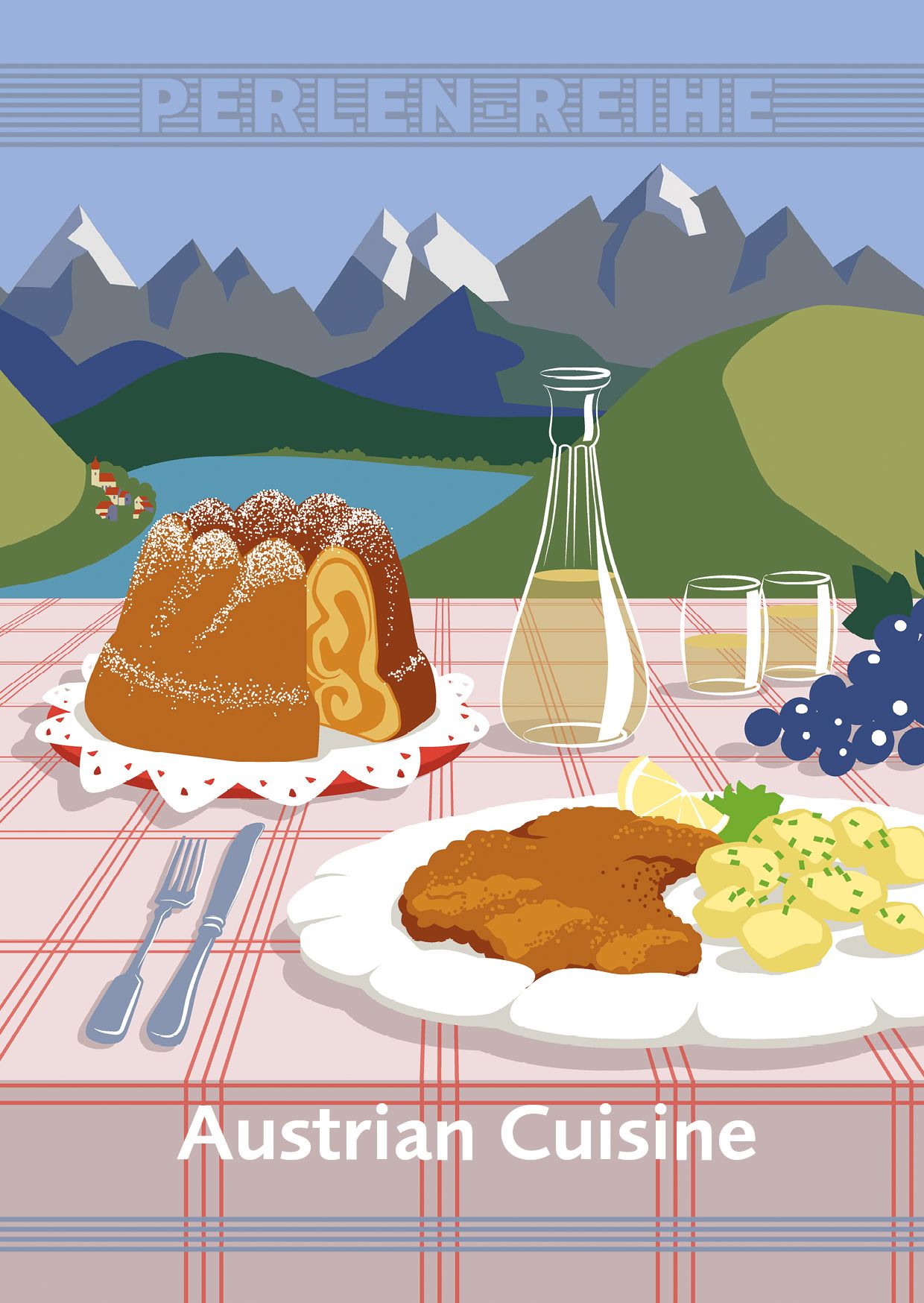 Illustration von österreichischer Küche. Ein Gugelhupf, Schnitzel, Kartoffeln, Wein und Trauben auf einem Tisch mit Bergblick.