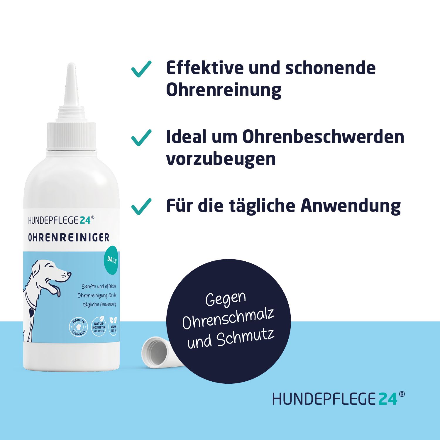 Text auf blauem Hintergrund: Effektive Ohrreinigung, Vorbeugung von Ohrenbeschwerden, tägliche Anwendung. Logo: Hundepflege24.
