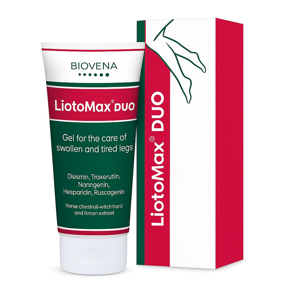 Tubo e scatola LiotoMax Duo. Sul tubo, "Gel per la cura di gambe gonfie e stanche".