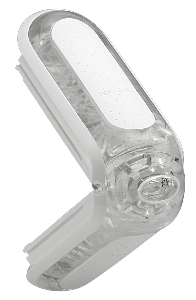 Weißes Produkt, teilweise geöffnet. Perforiertes Panel mit TENGA-Logo. Transparente Innenseite. Runde Öffnung.