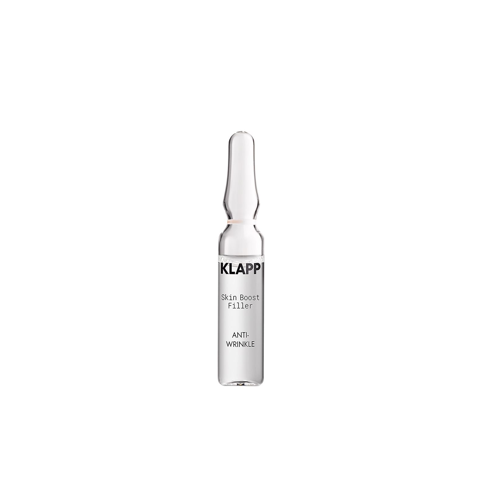 Glasampulle mit Flüssigkeit. Beschriftung: KLAPP Skin Boost Filler Anti Wrinkle.