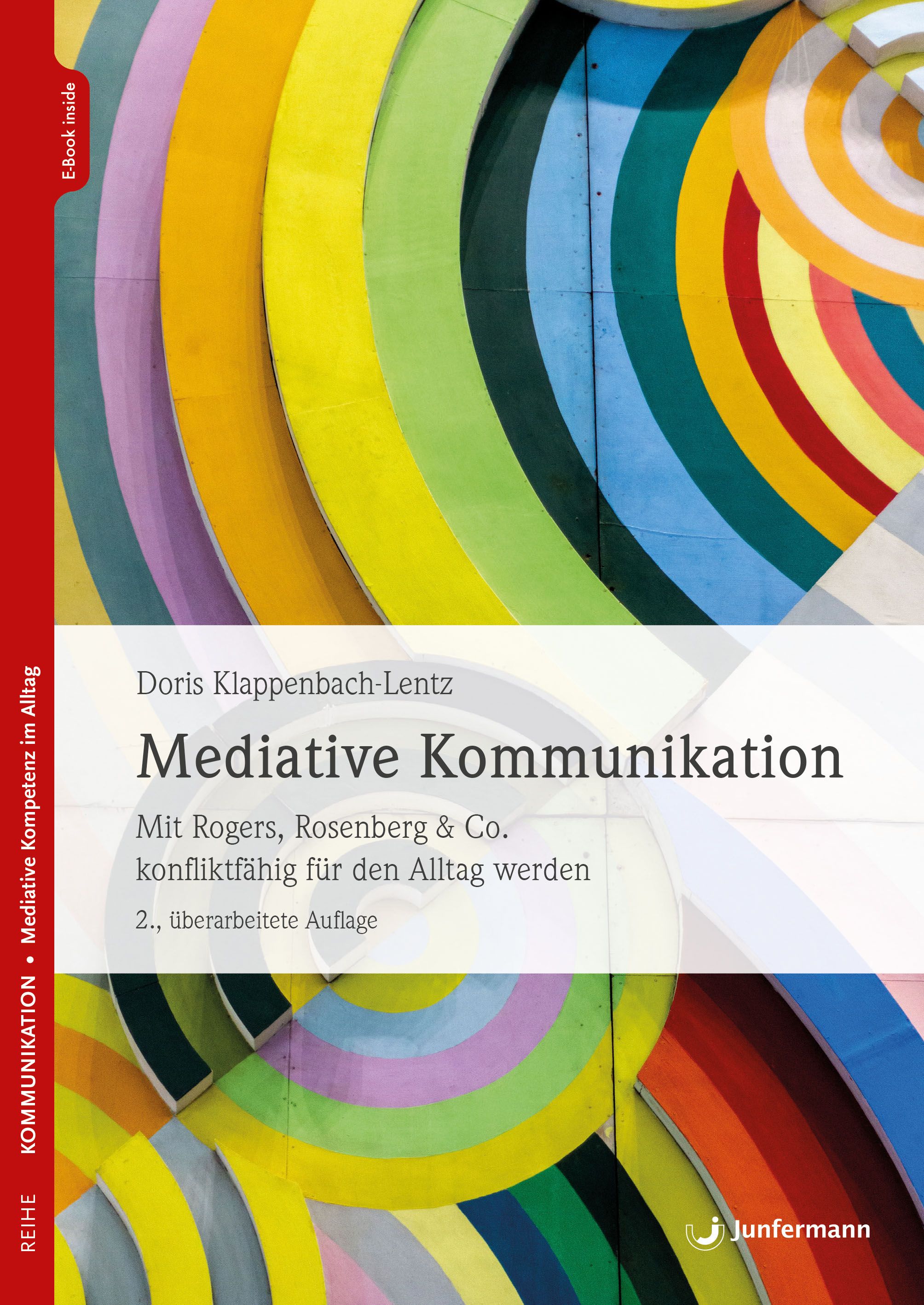Buchcover mit Titel "Mediative Kommunikation". Autorin: Doris Klappenbach-Lentz. Verlag Junfermann. Hintergrund: farbige Bögen.