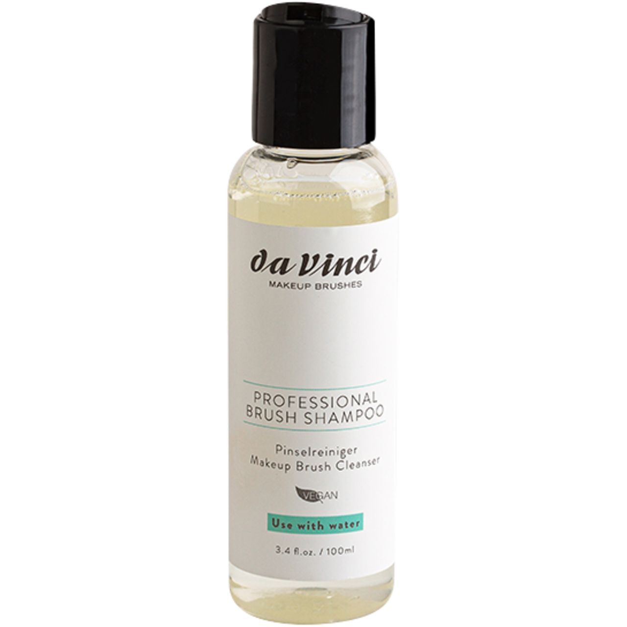 Flasche mit "da vinci" und "Professional Brush Shampoo" Aufschrift. Schwarzer Deckel, klare Flüssigkeit.