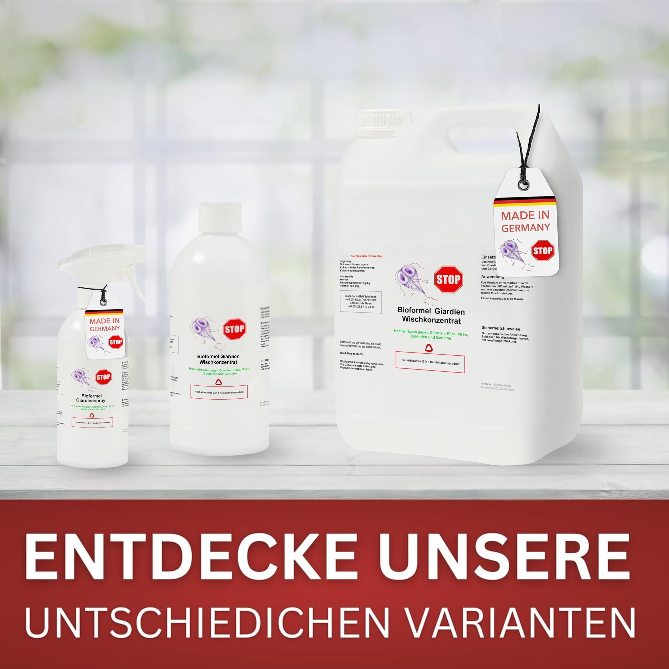 Drei weiße Flaschen mit Etiketten. Roter Banner mit Text: ENTDECKE UNSERE UNTERSCHIEDLICHEN VARIANTEN.