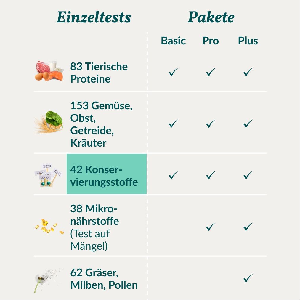 Übersicht der Testoptionen für Hunde: Tierische Proteine, Gemüse/Obst/Kräuter, Konservierungsstoffe, Mikronährstoffe, Gräser/Pollen.