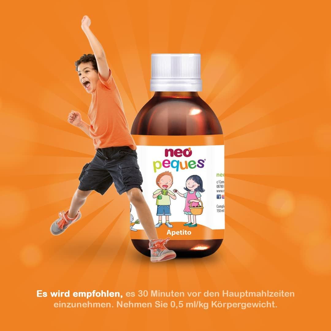 Braune Flasche mit weißem Deckel. Etikett mit Logo und Text. Kind springt. Text: Es wird empfohlen, 30 Minuten vor den Mahlzeiten einzunehmen.