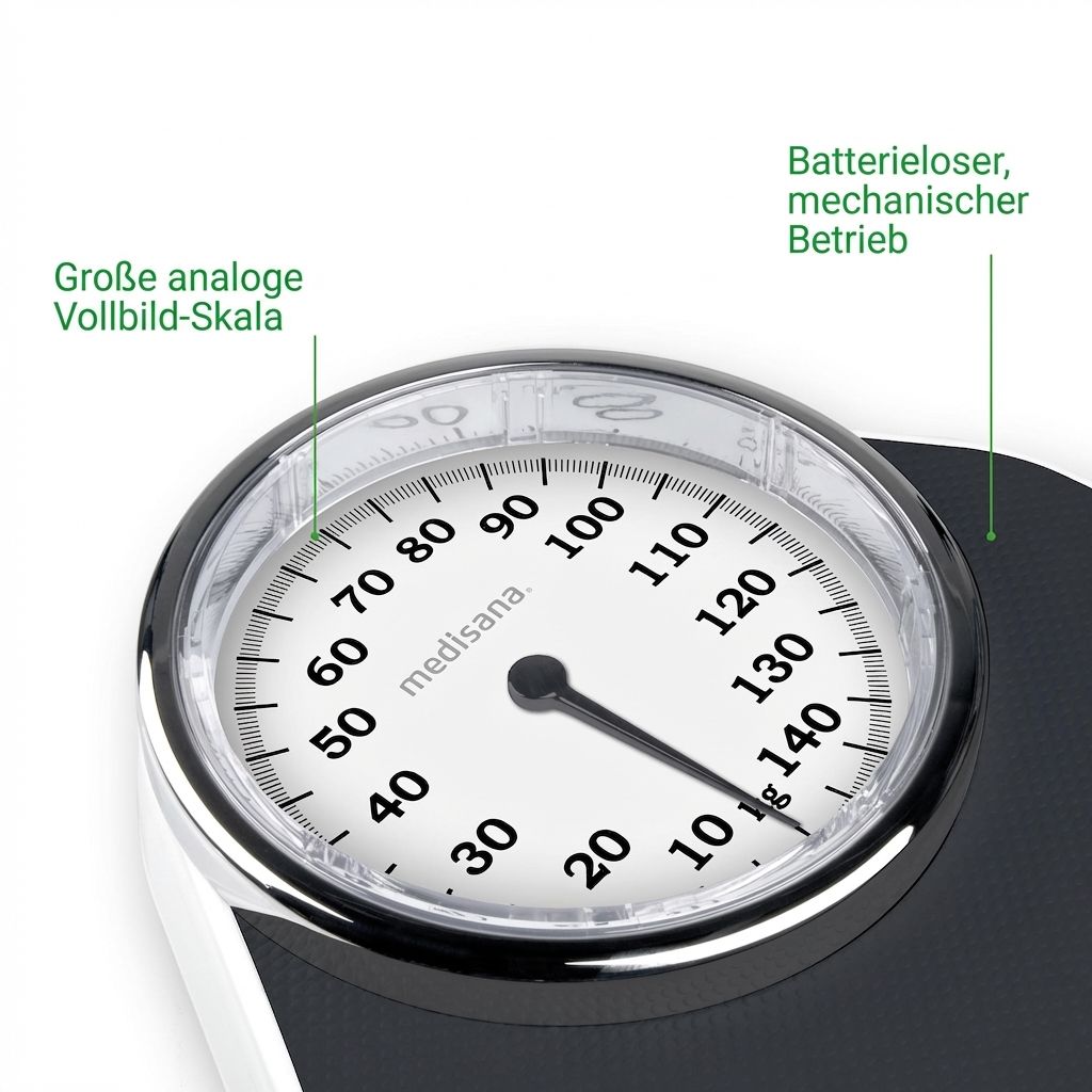 Nahaufnahme der analogen Anzeige einer mechanischen Personenwaage.