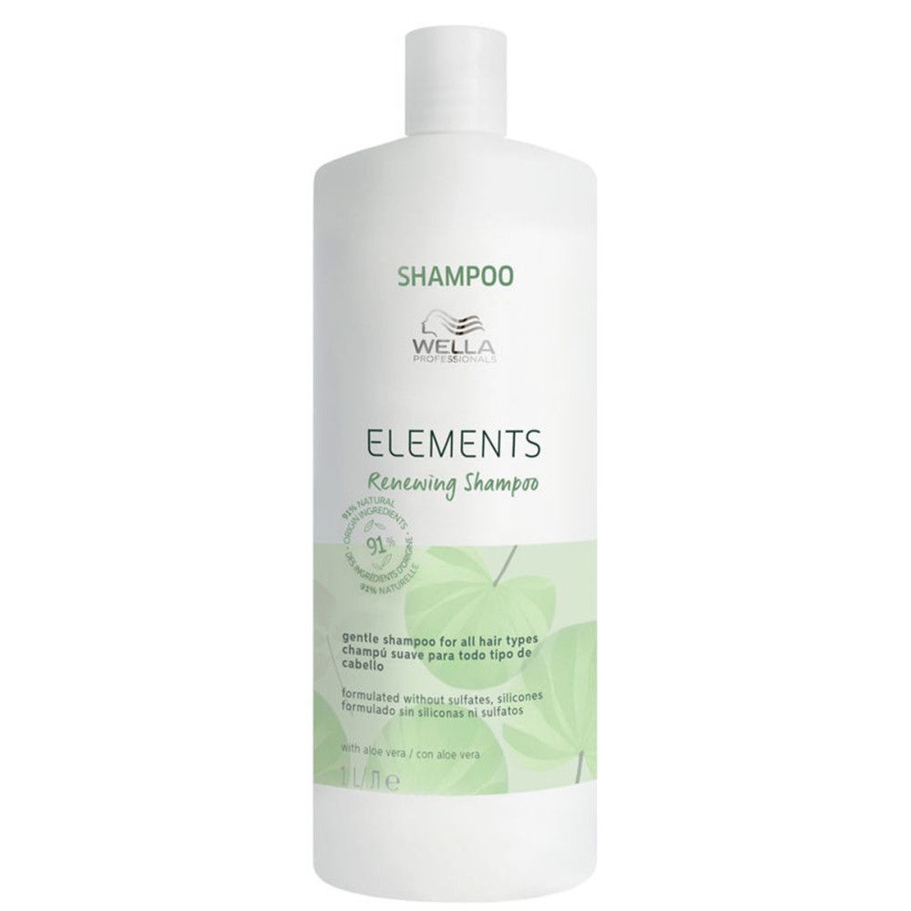 Weiße Flasche mit grünem Etikett. Aufschrift: SHAMPOO, WELLA, ELEMENTS Renewing Shampoo. Enthält 91% natürliche Inhaltsstoffe.