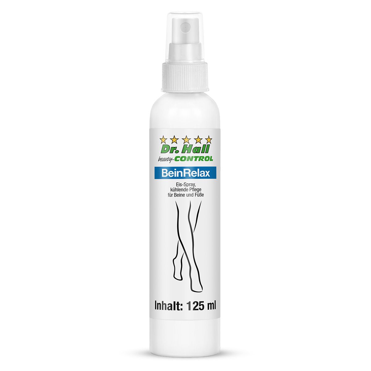 Weiße Sprühflasche mit Produktbezeichnung und Bein-Illustration. Text: BeinRelax, Eis-Spray, kühlende Pflege für Beine und Füße. Inhalt: 125 ml.