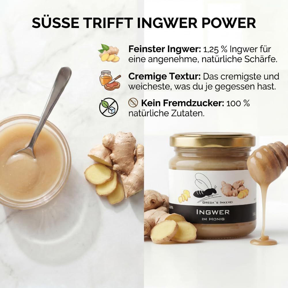Glas Ingwerhonig mit frischem Ingwer und Honig. Cremige Textur, 100% natürliche Zutaten.