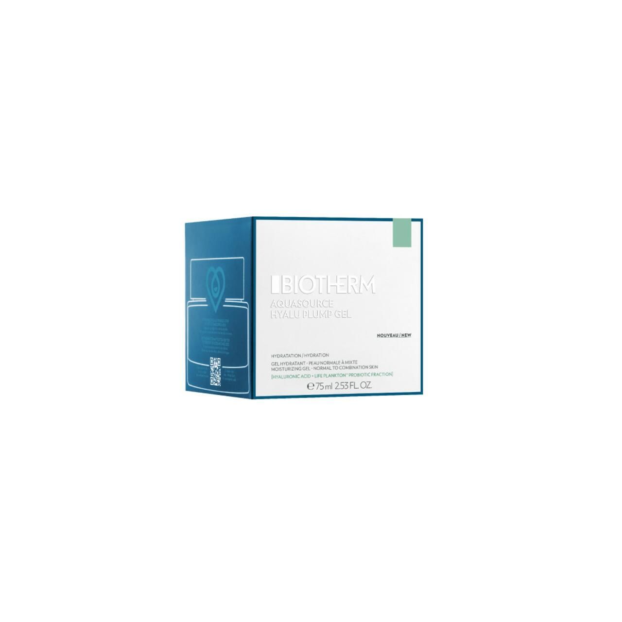 Verpackung mit Produkt. Aufschrift: BIOTHERM, AQUASOURCE HYALU PLUMP GEL. 75ml.