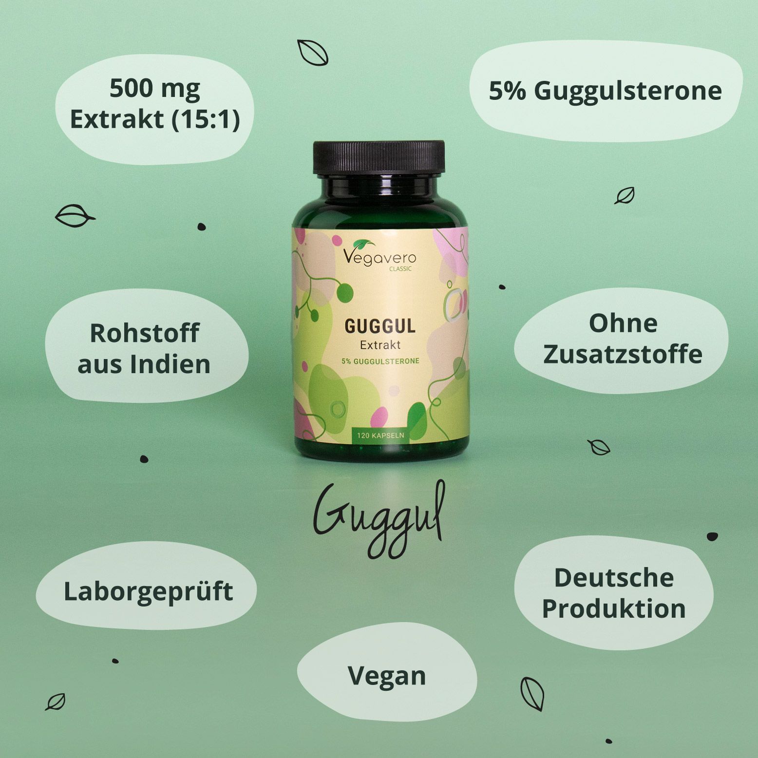 Vegavaro Guggul-Flasche mit Text: 500 mg Extrakt, 5% Guggulsterone, vegan, Laborgeprüft.
