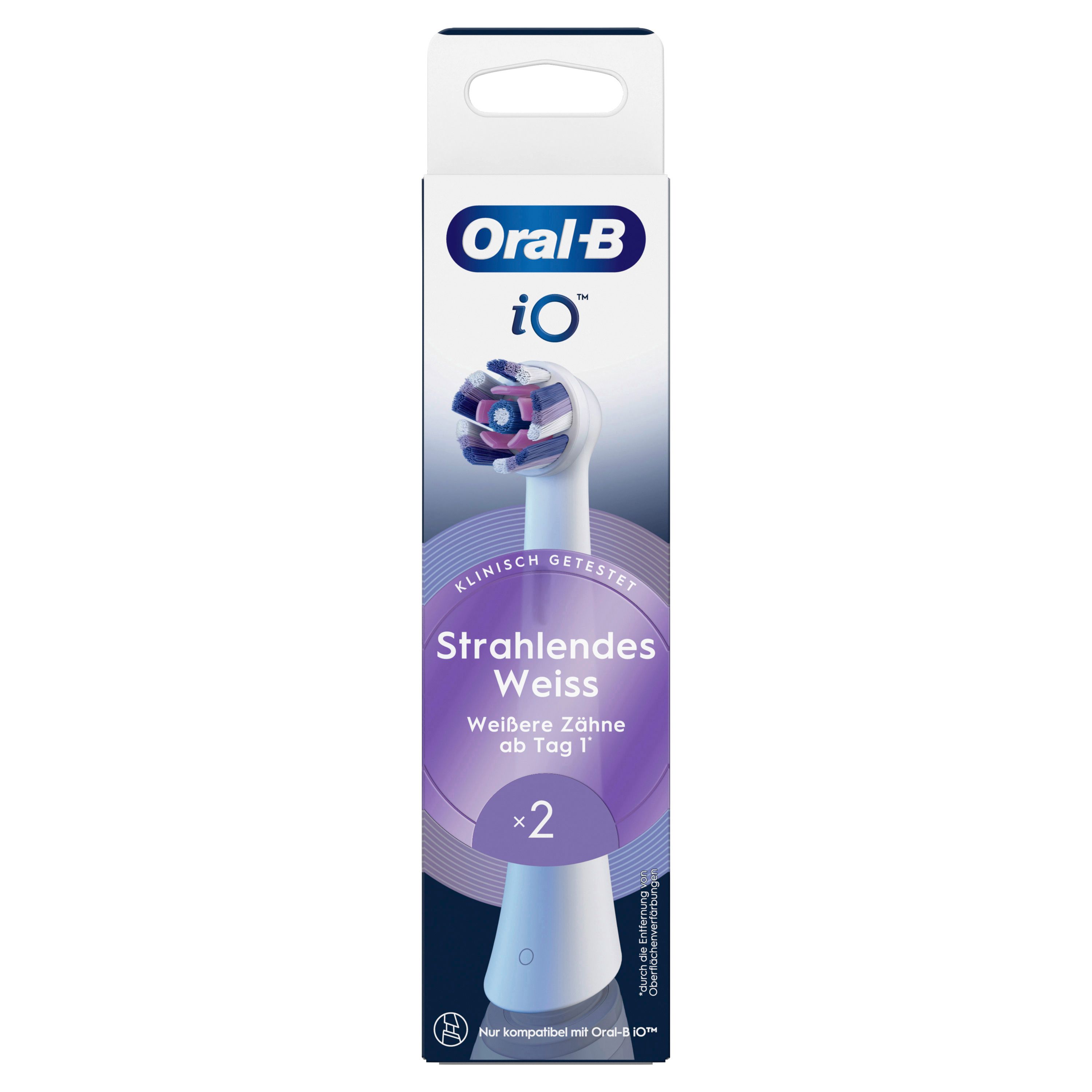 Oral-B iO Aufsteckbürsten "Strahlendes Weiss". Verpackung mit 2 Bürstenköpfen. Text: "Weißere Zähne ab Tag 1". Logo und Produktname.