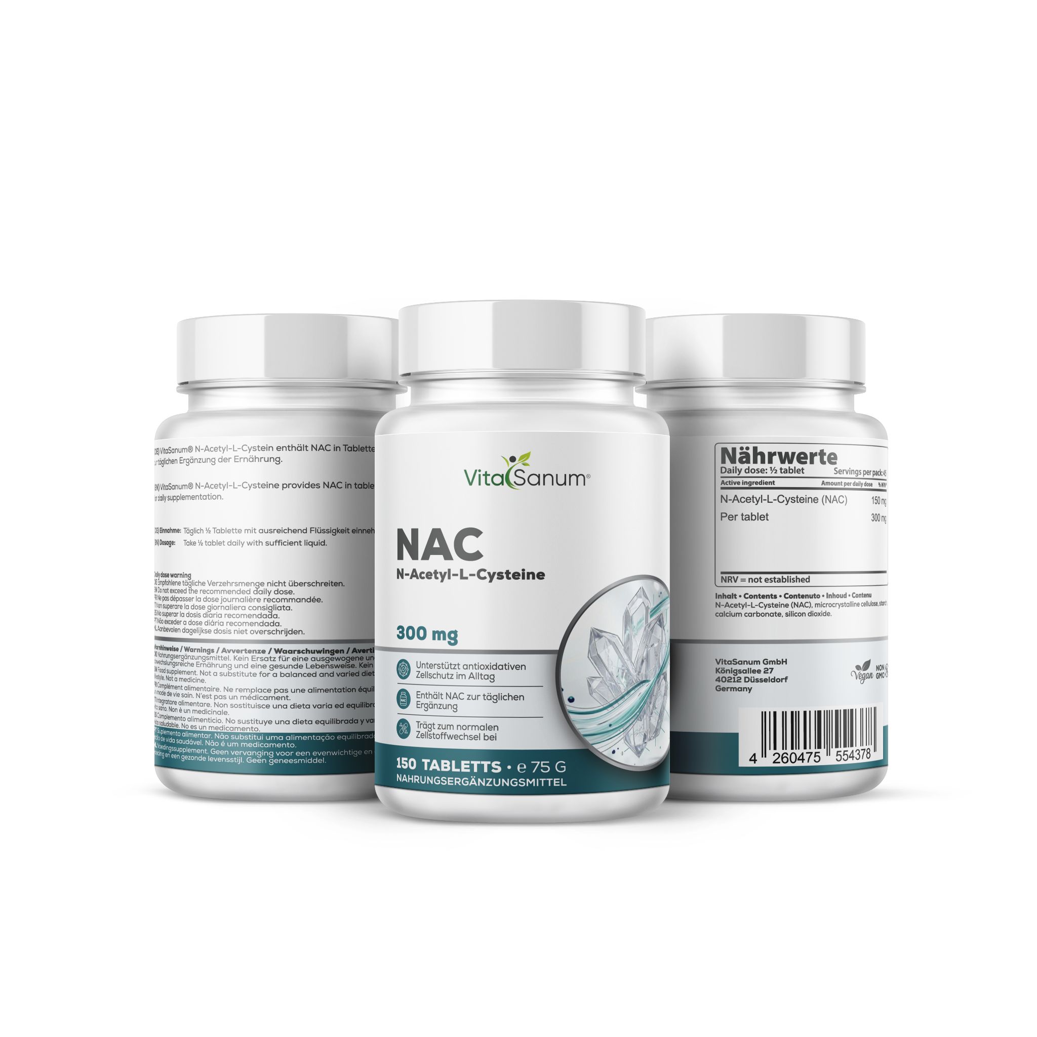Drei Flaschen VitaSanum® NAC N-Acetyl-L-Cystein 300 mg, 150 Tabletten.