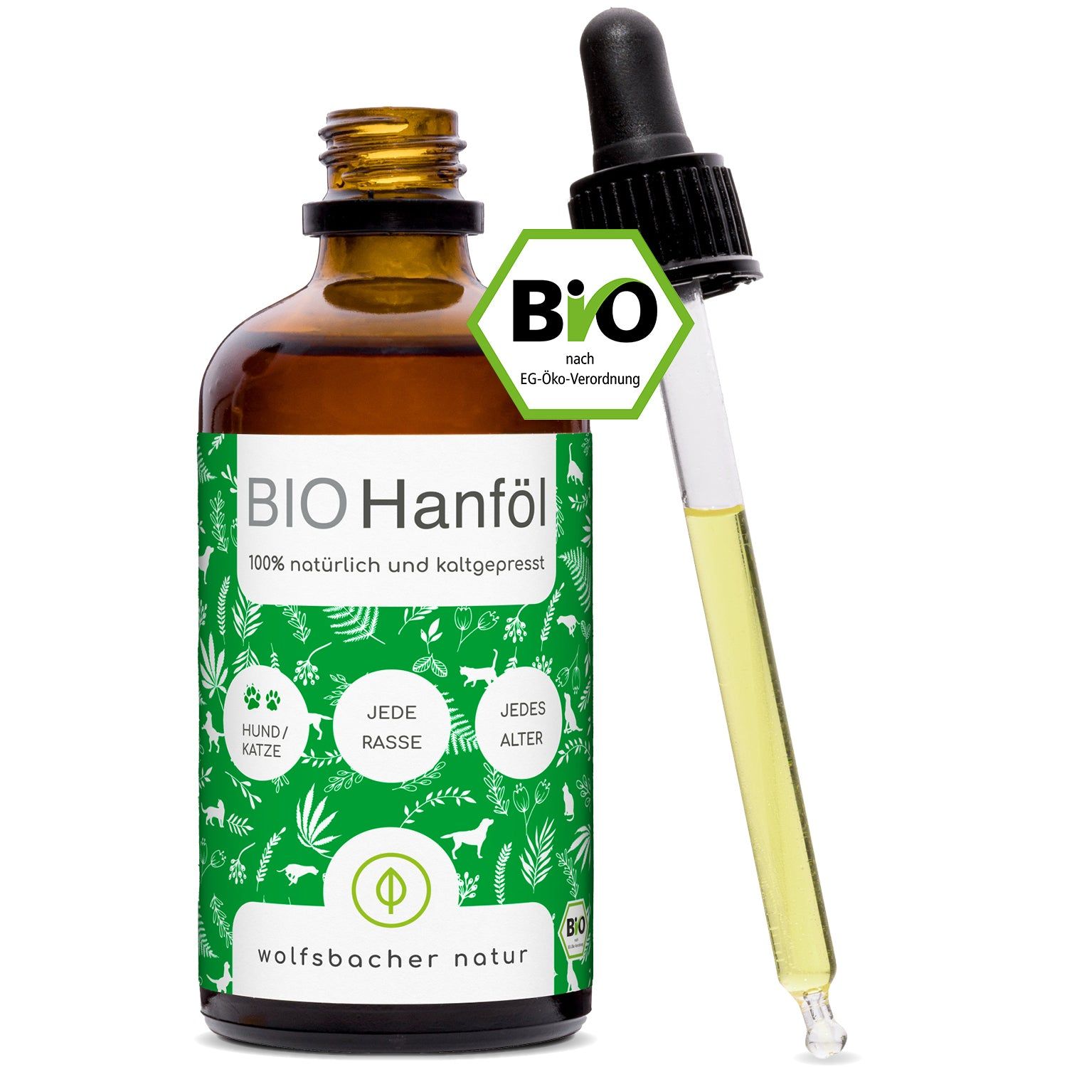 Braune Glasflasche mit Pipette. Etikett mit "BIO Hanföl" und Bio-Siegel. Tropfer mit gelber Flüssigkeit.