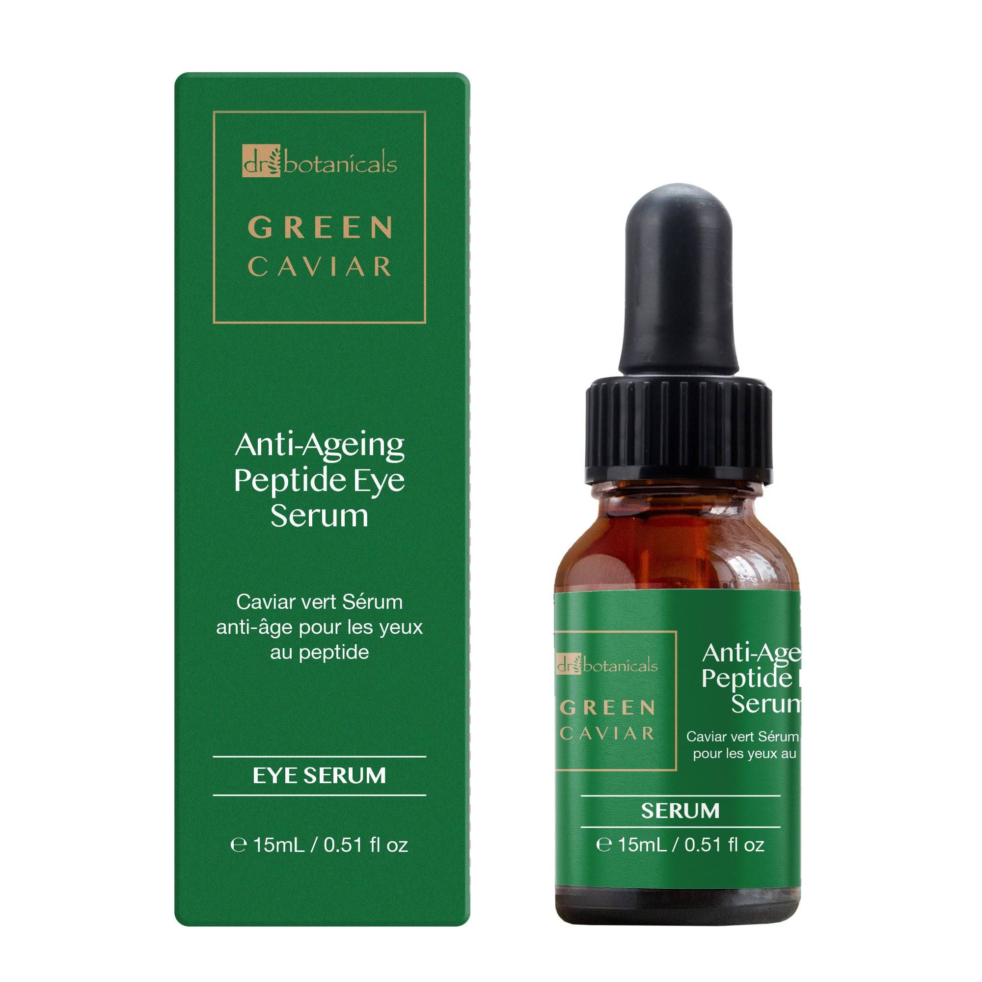 Grüne Verpackung und Flasche mit Serum. Beschriftung: Green Caviar Anti-Ageing Peptide Eye Serum. Tropfer.