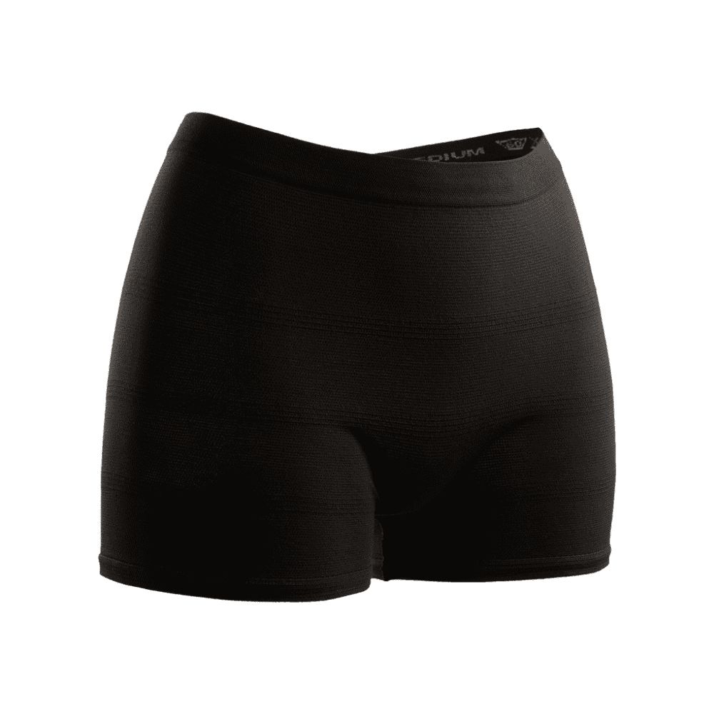 Schwarze Damen-Shorts mit hohem Bund und dezenter Textur. Elastischer Bund mit dezentem Logo.