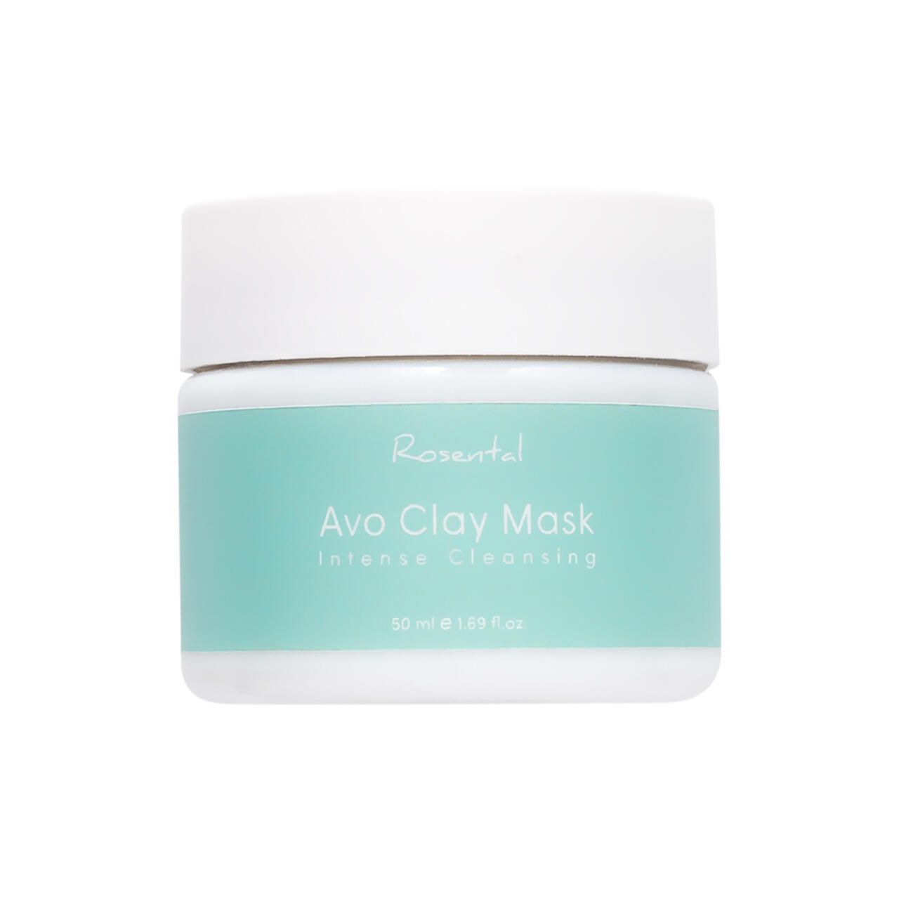 Tiegel mit weißem Deckel und türkisfarbenem Etikett. Aufschrift: Rosental Avo Clay Mask, Intense Cleansing. Volumenangabe.