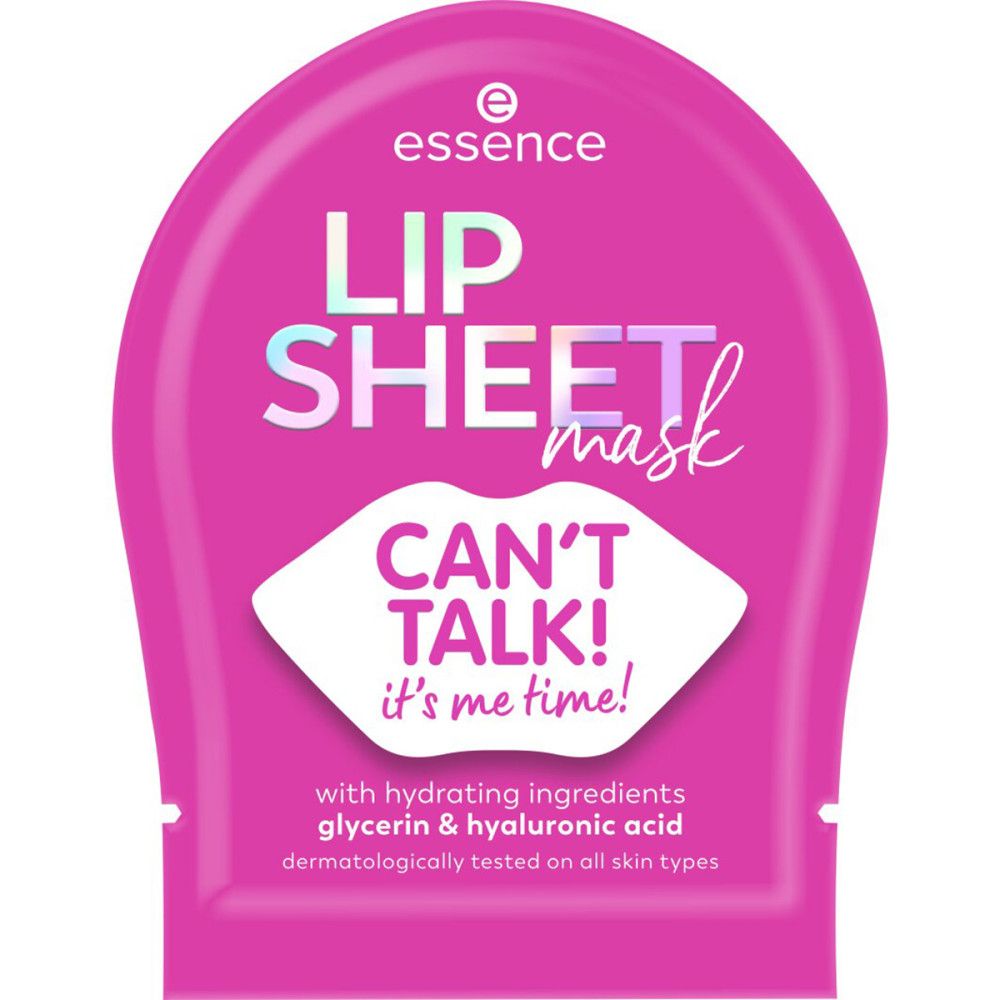Essence Lippenmaske in pinkfarbener Verpackung. Schriftzug: LIP SHEET mask, CAN'T TALK! it's me time! Mit Inhaltsangaben.